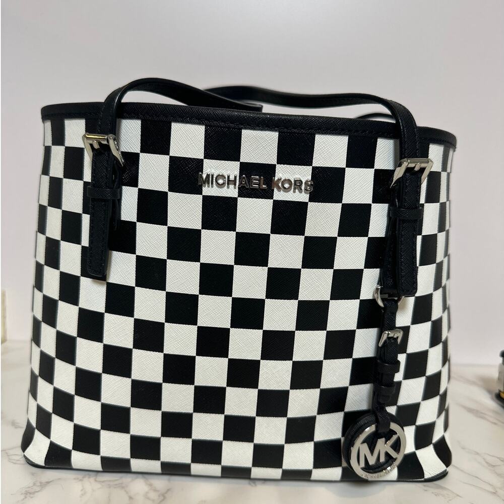 Michael Kors checkerboard small jet set travel tote handbag leather